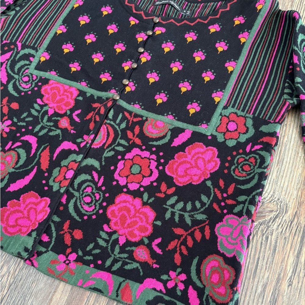 Gudrun Sjödén Knit Cardigan Sweater Medium Black Pink Floral Bold 50% Org Cotton - Picture 9 of 12